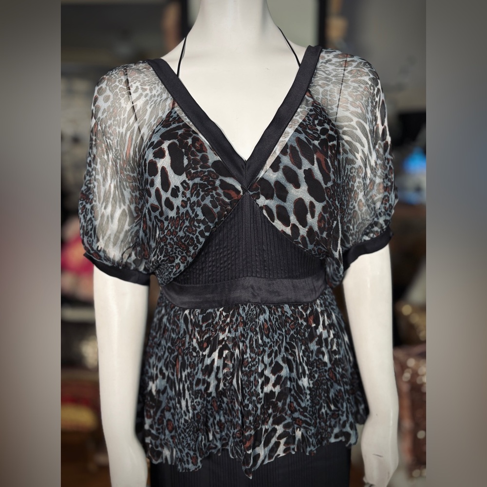 Tufi Duek Semi-Sheer Blue Cheetah Samantha Open Back Puff Sleeves Blouse, Sz S
